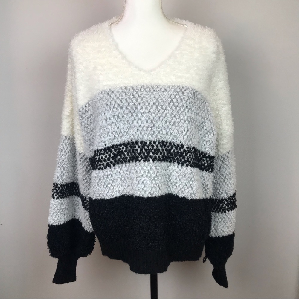 White Birch Color Block Fuzzy High Low Sweater - image 1